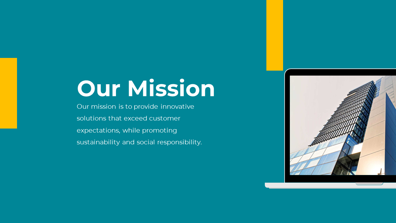 Our mission slide with a teal background, a laptop displaying a skyscraper, and a focus on innovation.
