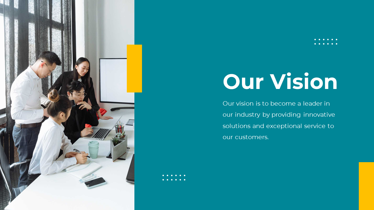 Our vision slide with a team collaborating at a desk and a laptop, showcasing innovation and service on a blue theme.