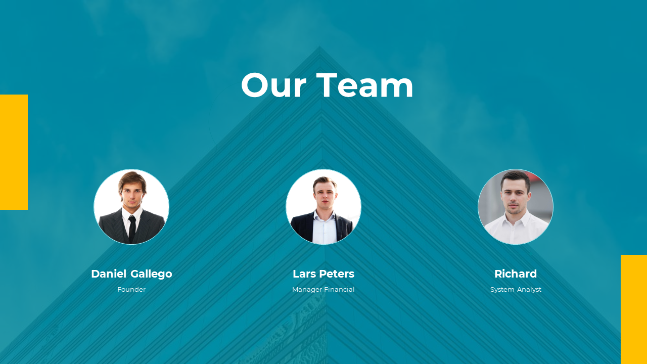 Our team members Daniel Gallego, Lars Peters, and Richard with a background in modern building on a blue theme.