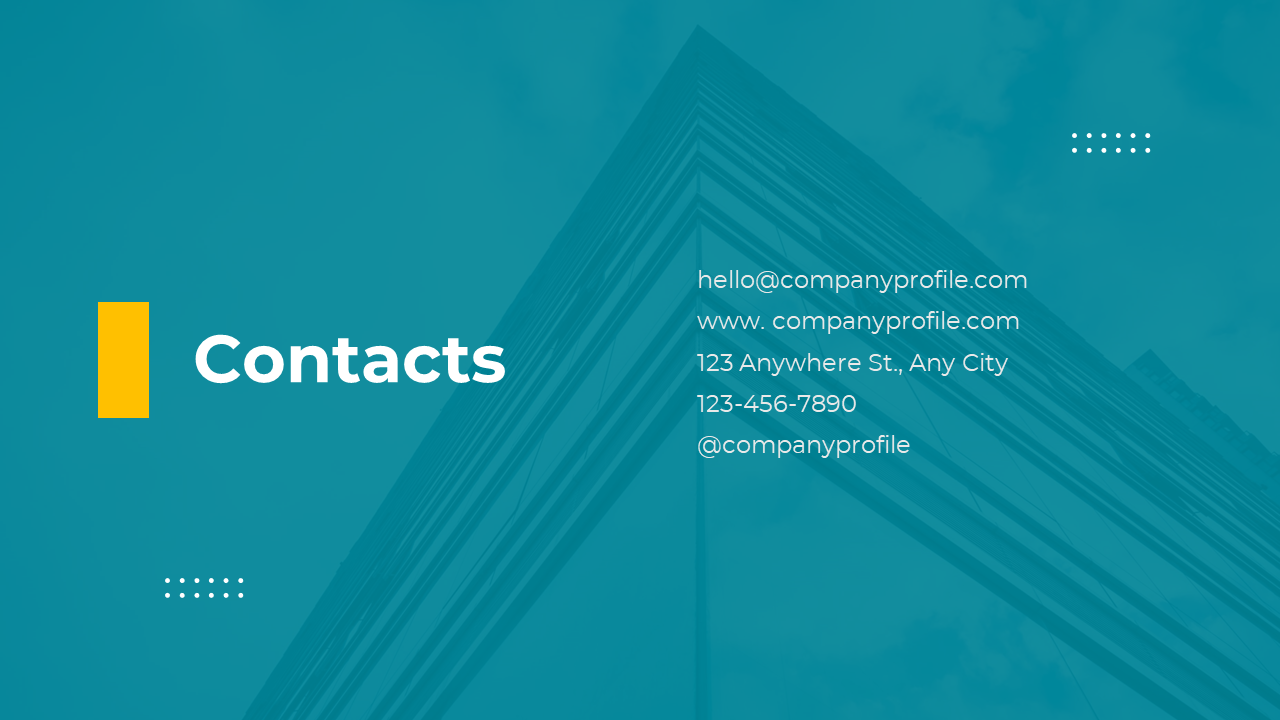 Contact information slide featuring a social media handle, with a backdrop of a modern building on a blue theme.