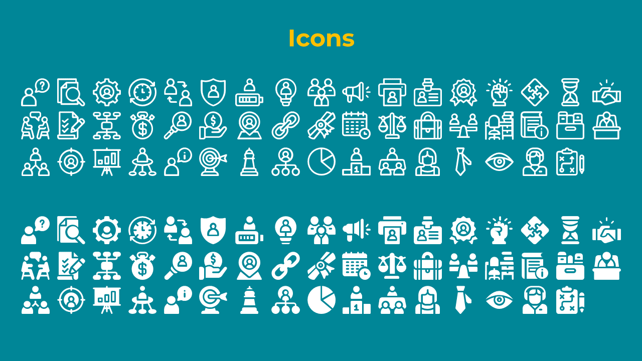 Icons representing business, finance, analysis, communication, and technology, arranged in two rows on a blue theme.