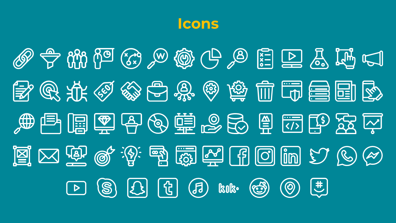 A collection of white icons on a teal background, featuring technology, communication, and business related symbols.
