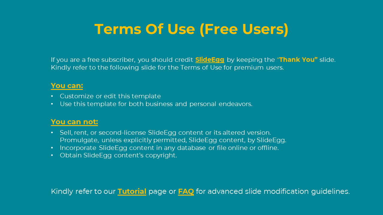 Terms of Use for free users, including instructions to credit SlideEgg by keeping the slide and guidelines on customizing.