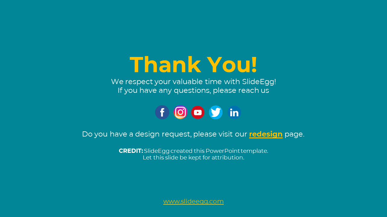 Thank you slide displaying contact information, social media links, and a request for design inquiries on a blue theme.