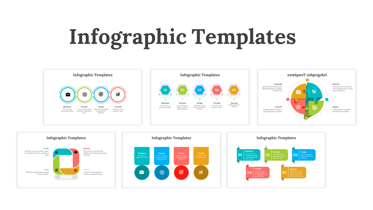 Collection of colorful infographic templates depicting various business, process, target, growth, and success concepts.