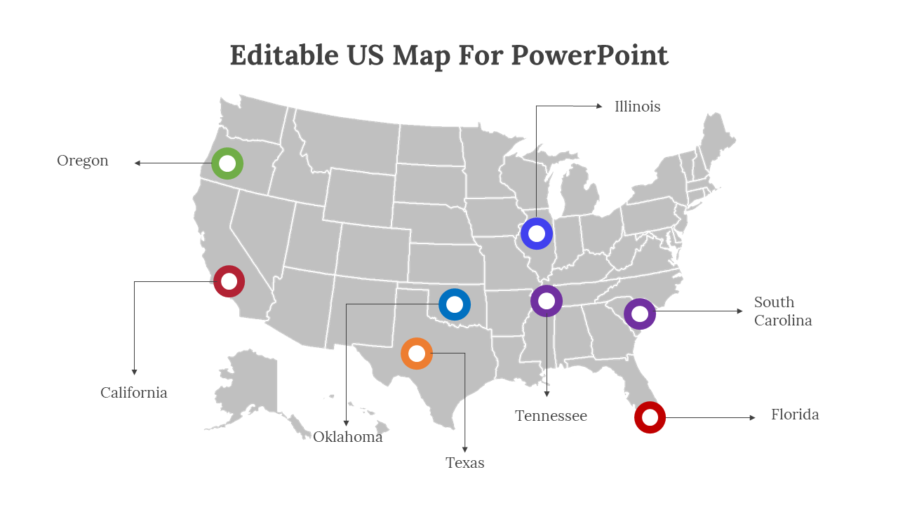 U.S. map with color coded sections for Oregon, California, Oklahoma, Texas, Illinois, Tennessee, South Carolina, and Florida.