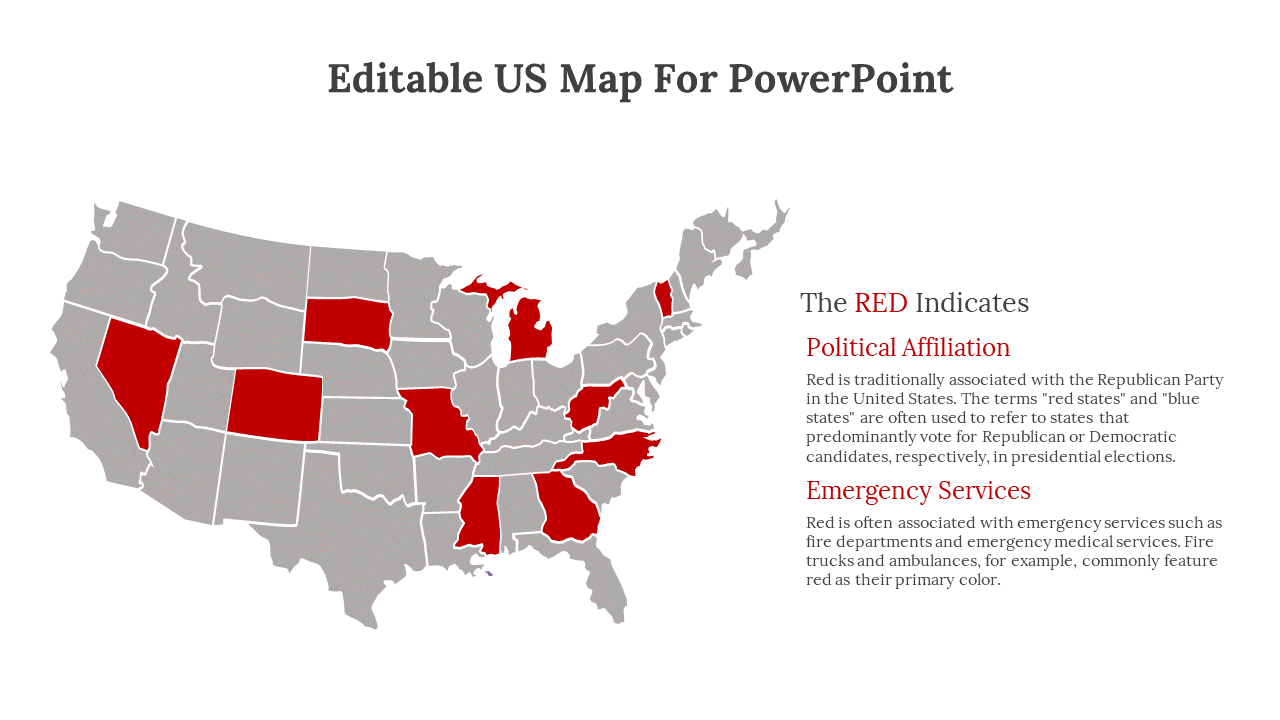 U.S. map showing red highlighted states with text explaining the significance of red on a white backdrop.