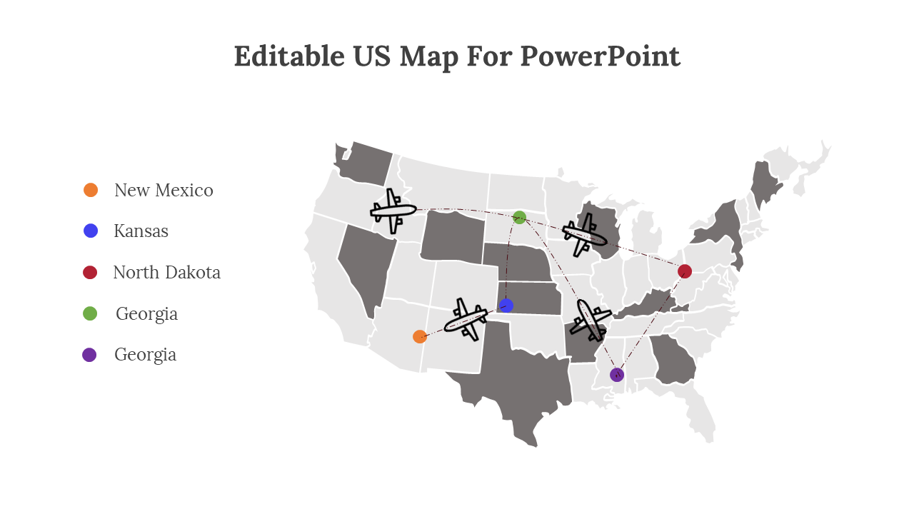 U.S. map for PowerPoint slide showing highlighted states with flight path illustrations on a white backdrop.