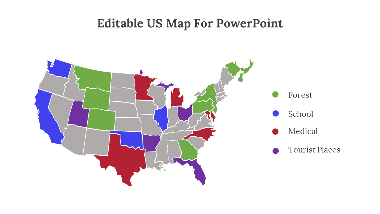 U.S. map for PowerPoint with states highlighted in different colors to represent forest, school, medical, and tourist places.