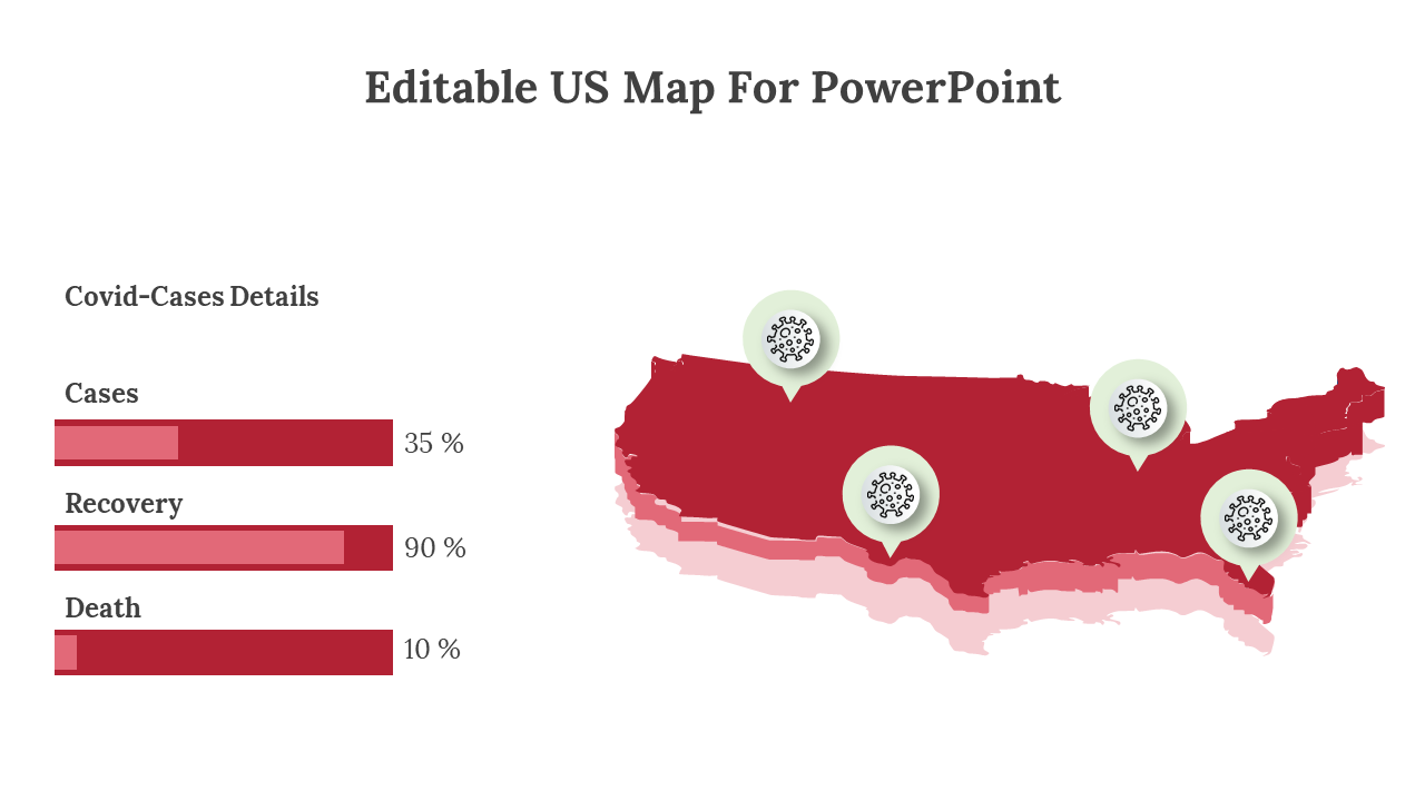 Red U.S. map for PowerPoint with COVID 19 statistics displayed for cases, recovery, and death rates in various regions.