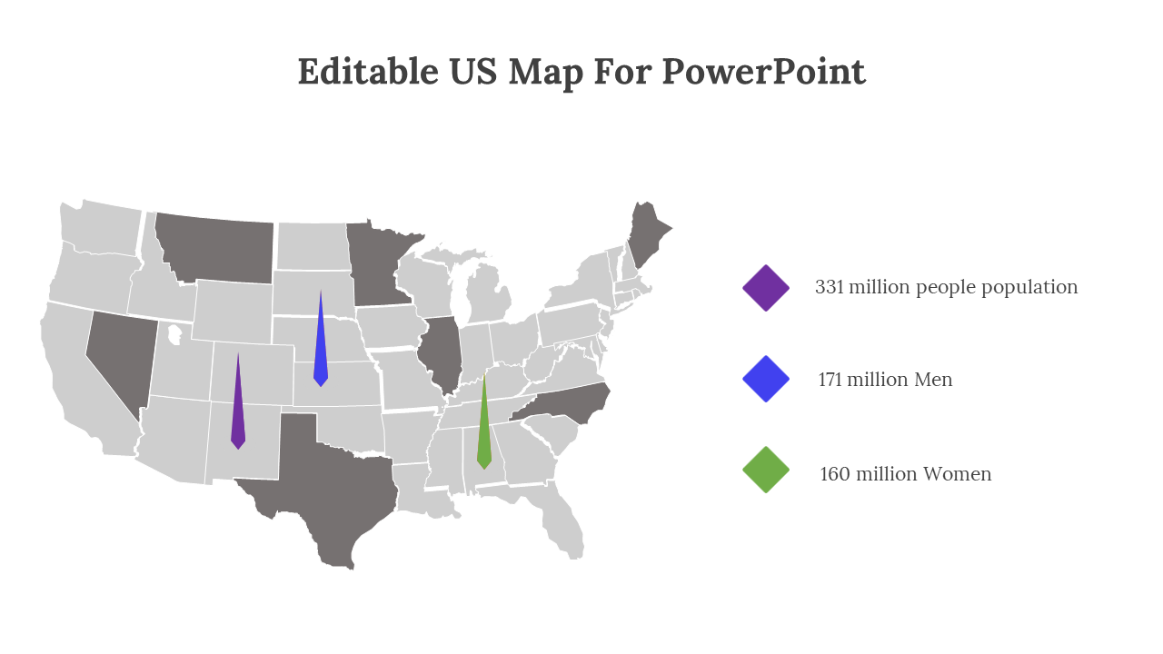 U.S. map for PowerPoint slide with data showing three sections represented by color coded markers on a white backdrop.