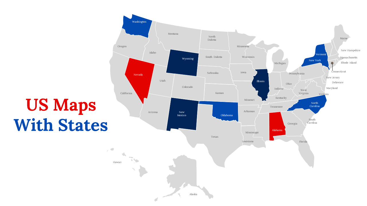 US map with states highlighted in blue, red, and gray, showing different regions in the country on a white backdrop.