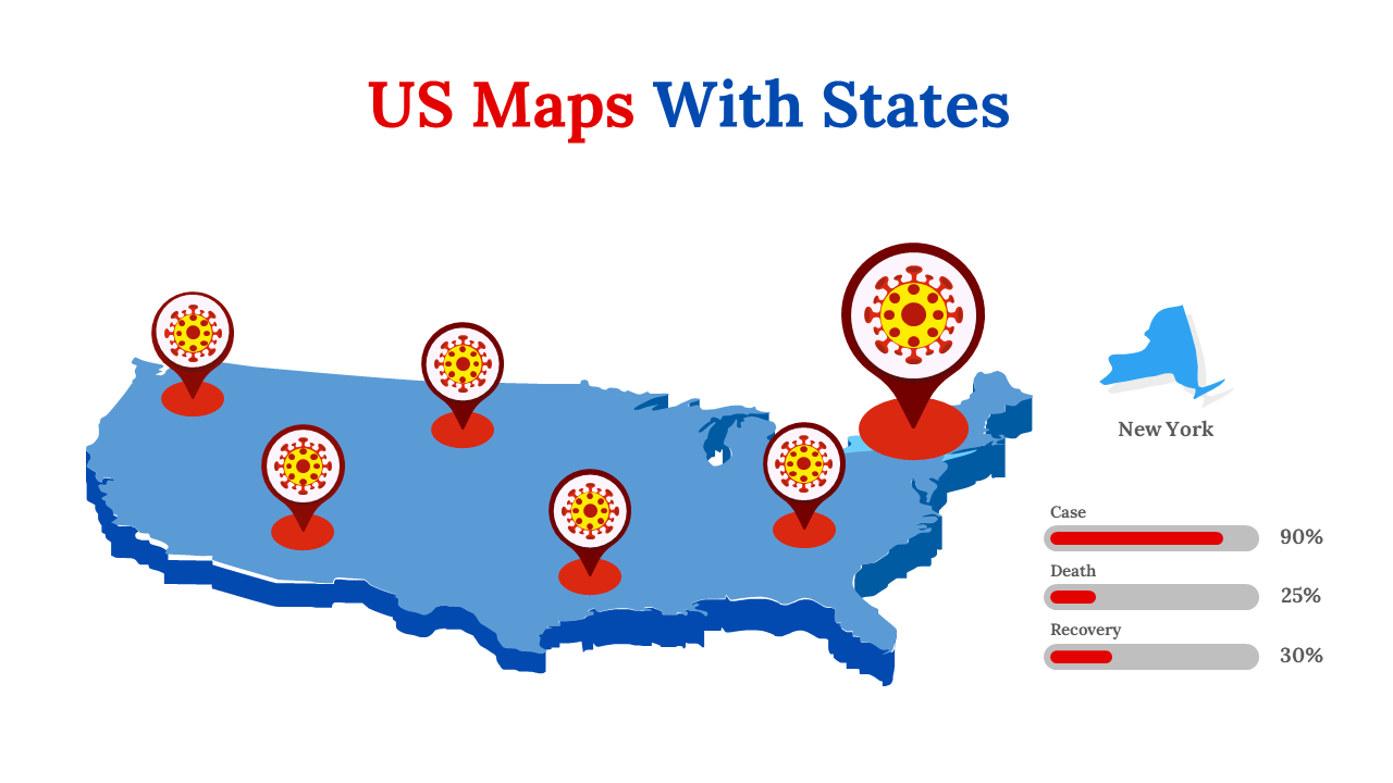 Blue US map showing states with COVID 19 data, including case, death, and recovery percentages for New York in a white theme.
