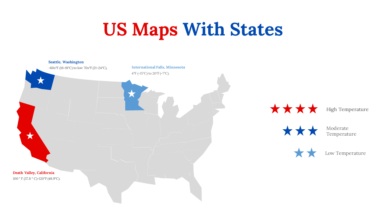 US map showing states with colorful different temperature ratings high, moderate, and low temperatures for select cities.