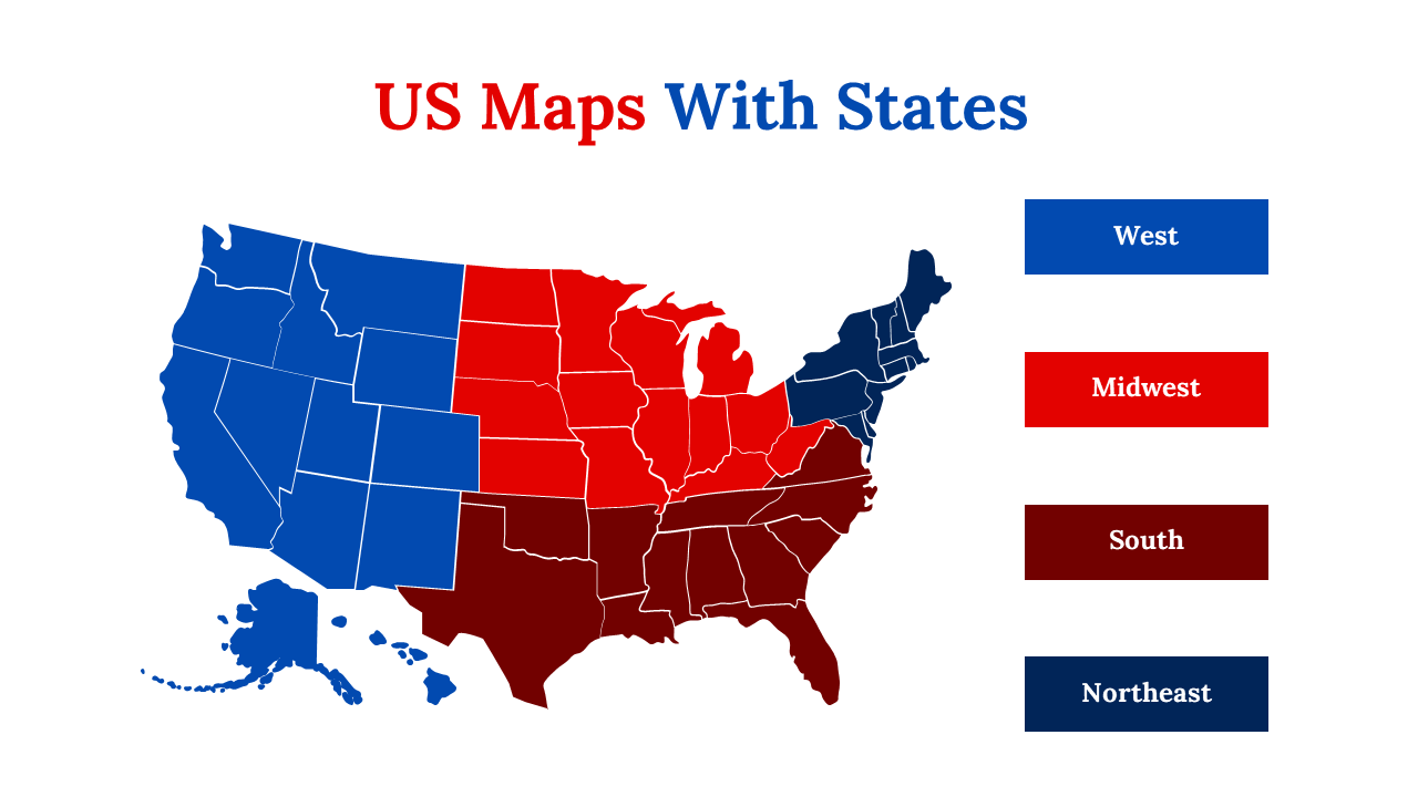 US map with states categorized by region West, Midwest, South, and Northeast in distinct colors on a white backdrop.