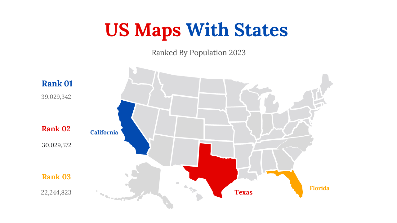 US map ranked by population for 2023, highlighting California, Texas, and Florida in different colors on a white backdrop.