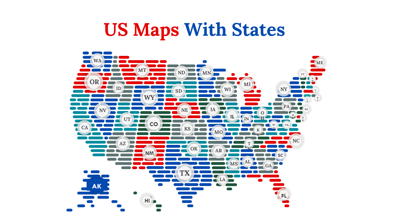 US map slide with states marked using horizontal stripes, showing a variety of color coded patterns on a white backdrop.