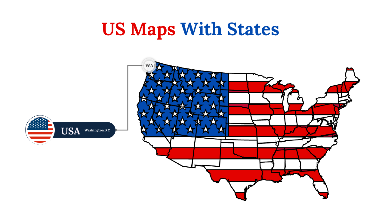 US map slide featuring the states in a red and white striped pattern with the blue star section resembling the American flag.