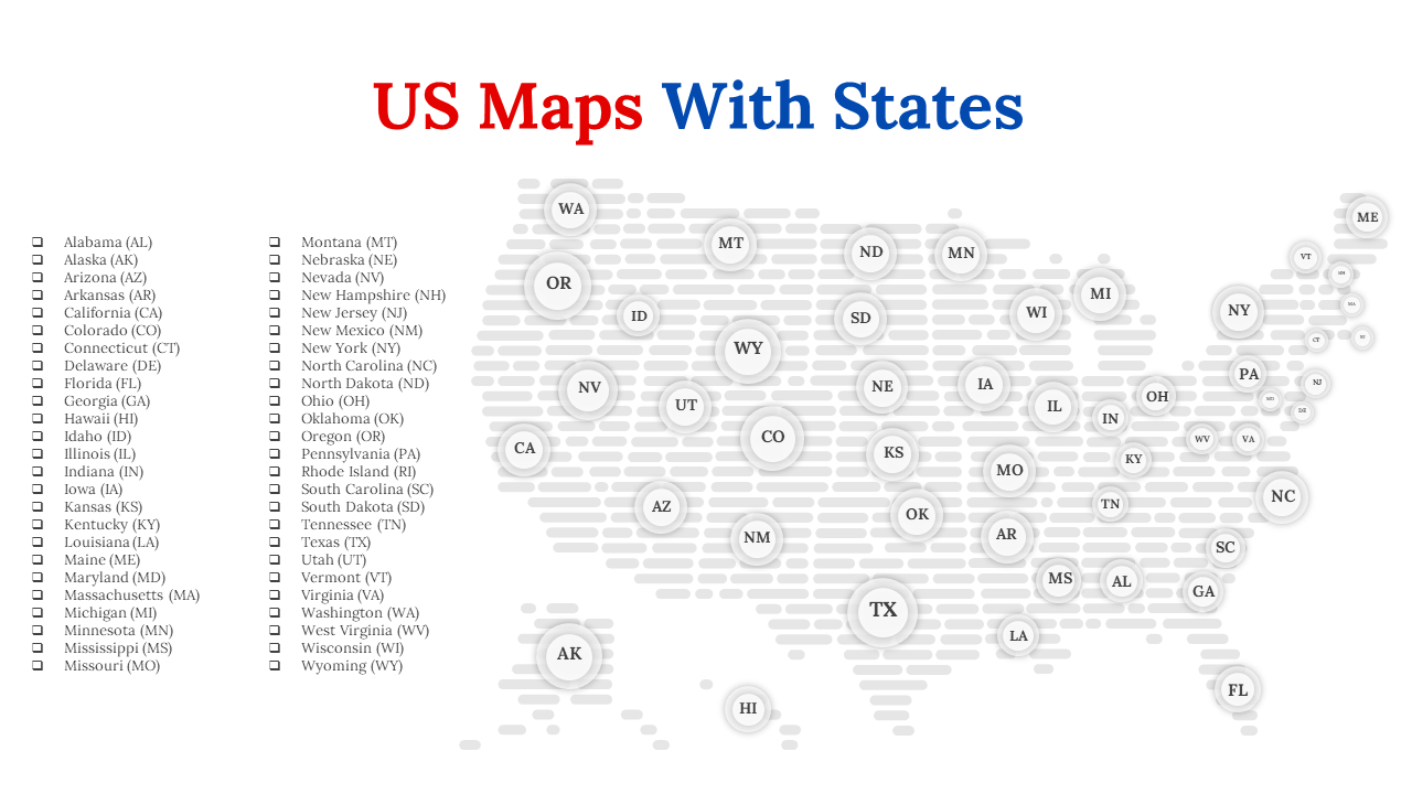 US map with states listed alongside, each state marked with a checkbox and its abbreviation shown on the map in white theme.