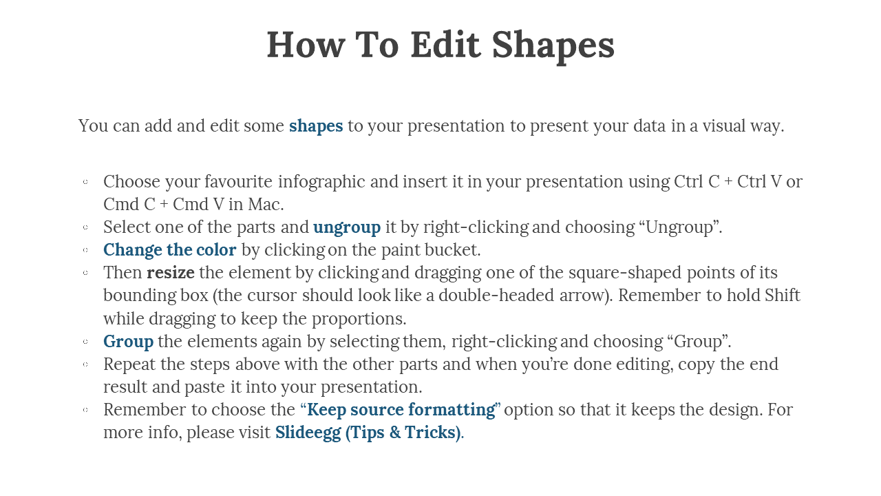 Instructions for editing shapes in a PowerPoint presentation, including ungrouping, changing color, and grouping elements.