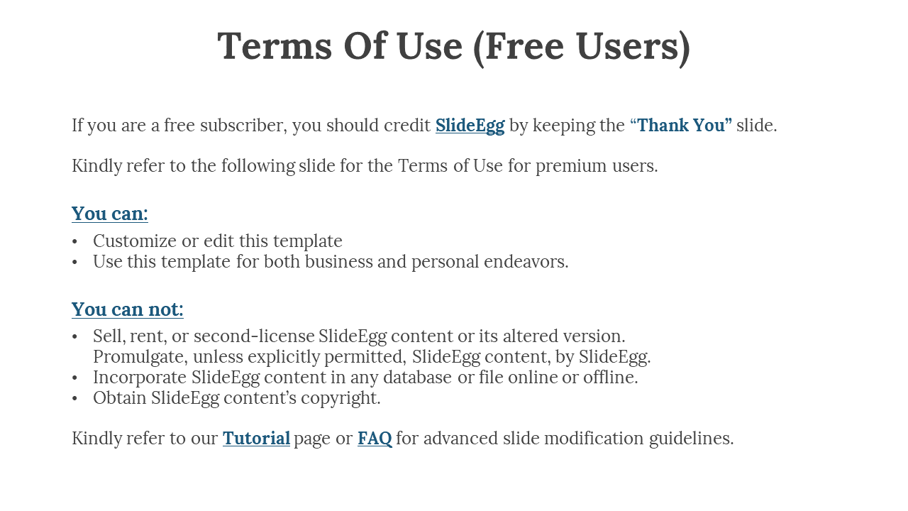 Terms of Use for free users of SlideEgg, detailing the permissions and restrictions on editing and using templates.