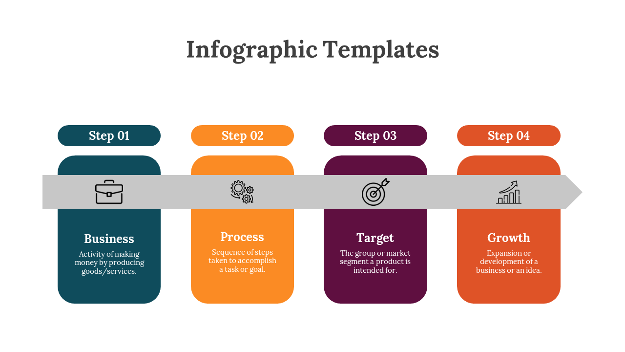 Infographic PPT template with four steps each step in a separate color box and an associated icon on a white backdrop.