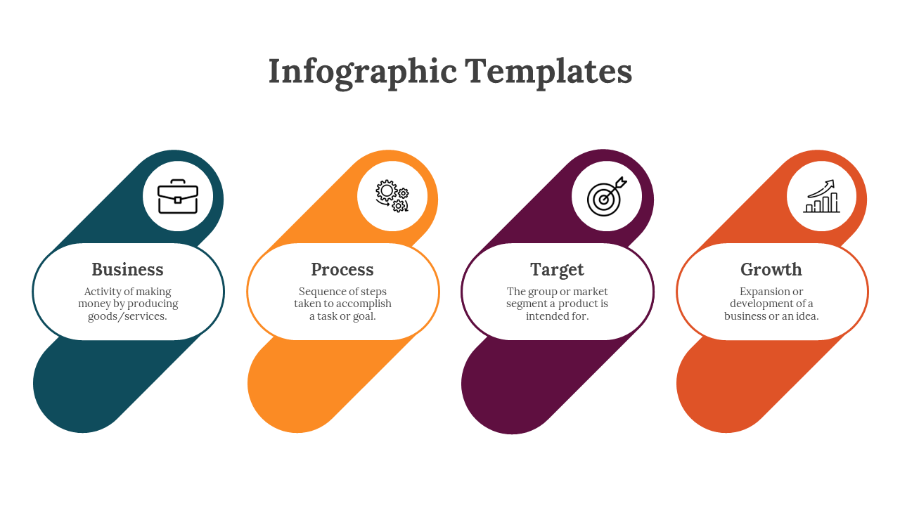 Infographic PPT template with four steps with icons and descriptive text for each step on a white backdrop.