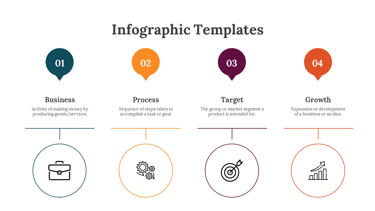 Infographic template with four color steps Business, Process, Target, and Growth each with an icon and text in a white theme.