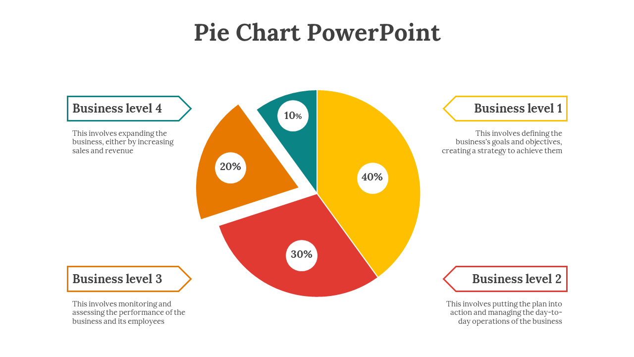 Colorful pie chart showing four business level distributions with text descriptions on a white backdrop.