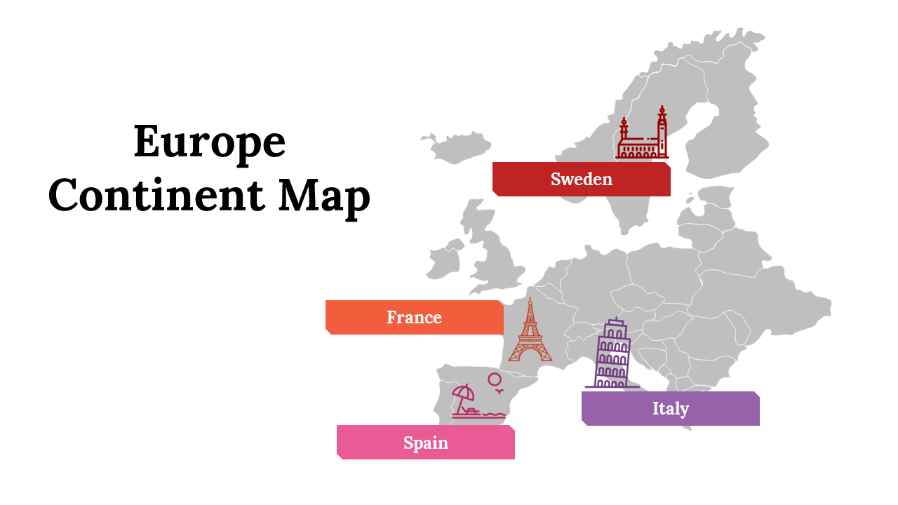 Europe continent map with various slides highlighting countries like France, Spain, Italy, and Sweden with icons and text.