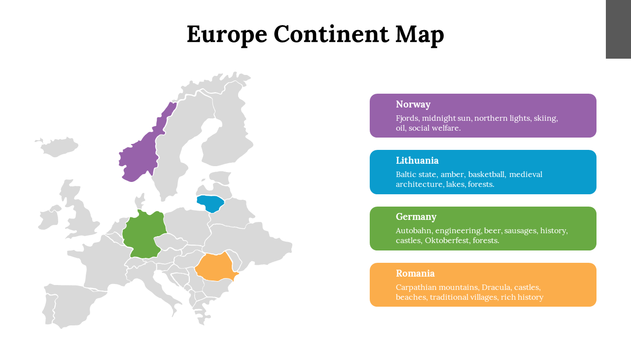 Europe map with colorful highlighted countries Norway, Lithuania, Germany, and Romania, each with a description.