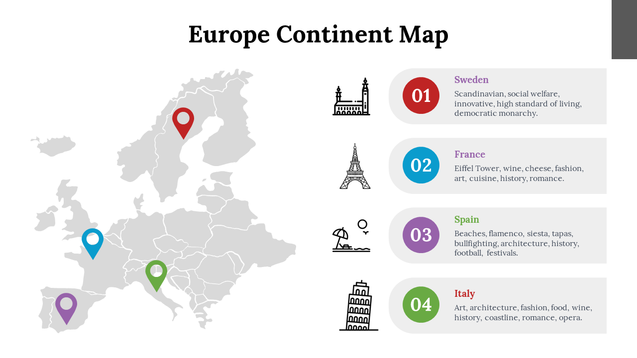 Map of Europe with labels for Sweden, France, Spain, and Italy, featuring famous colorful landmarks on a white backdrop.