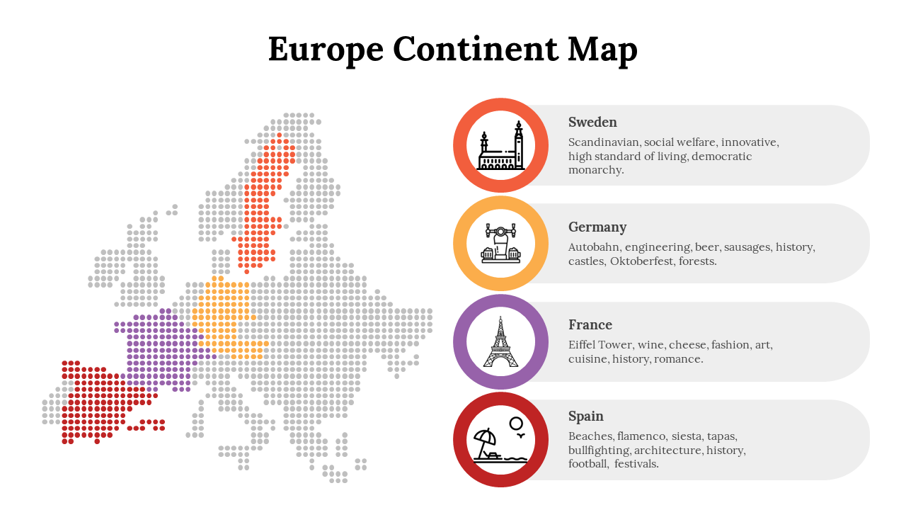 Europe maps with dot patterns highlighting countries like Sweden, Germany, France, and Spain with colorful circular icons.