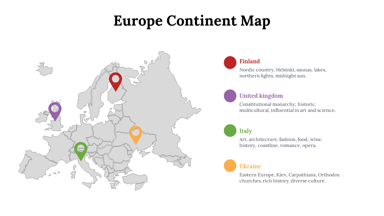 Map of Europe highlighting with color coded markers from Finland, United Kingdom, Italy, and Ukraine, each with details.