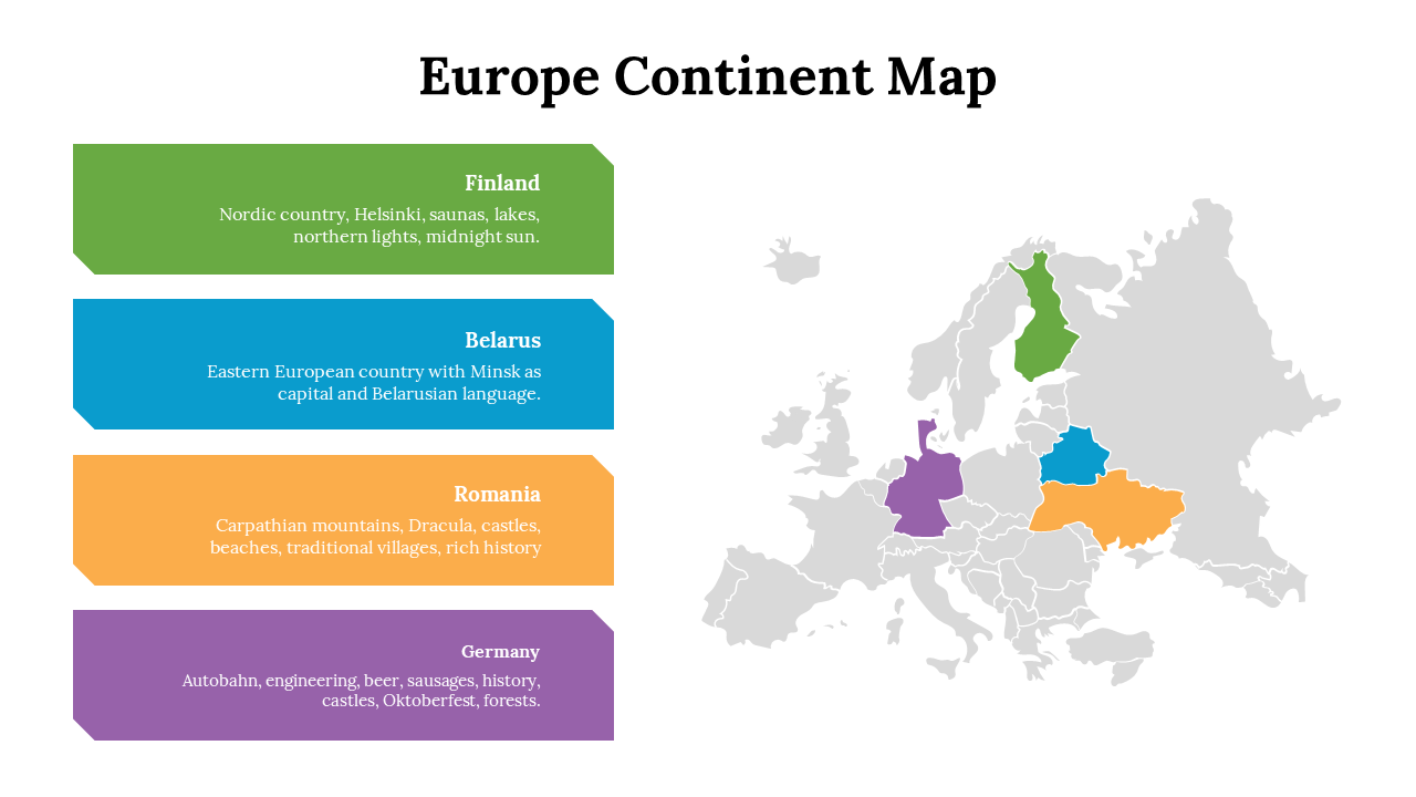 Europe continent map slide highlighting Finland, Belarus, Romania, and Germany, with details and colorful text boxes.