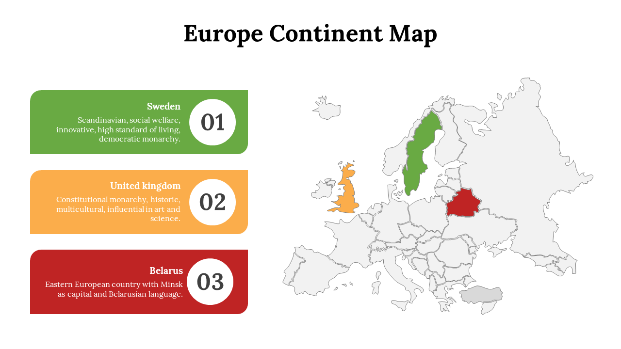 Map of Europe highlighting Sweden, the United Kingdom, and Belarus with colorful descriptions of each country's key traits.
