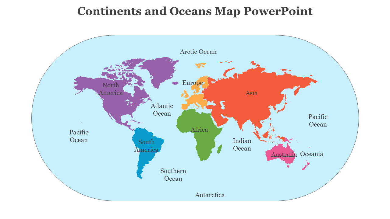 A PowerPoint slide showing a world map with continents and oceans marked in different colors on a blue backdrop.