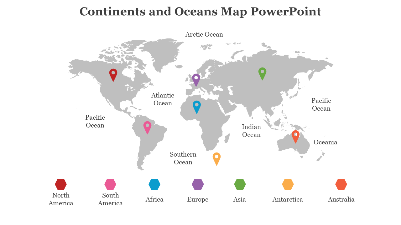 Grey world map slide showing continents and oceans, each continent labeled with a color coded marker and corresponding name.