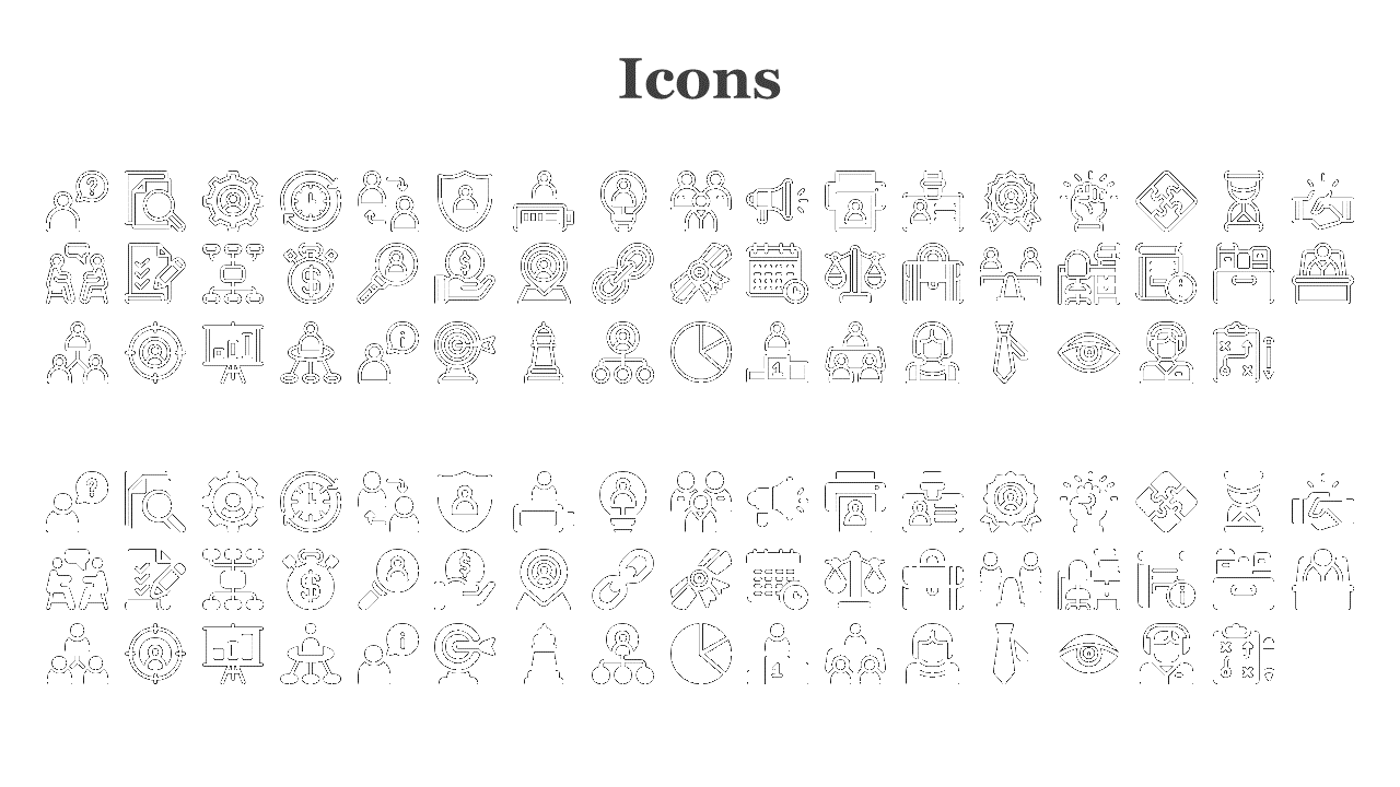Set of professional icons for business and office use, including symbols for teamwork, strategy, security, and analytics.