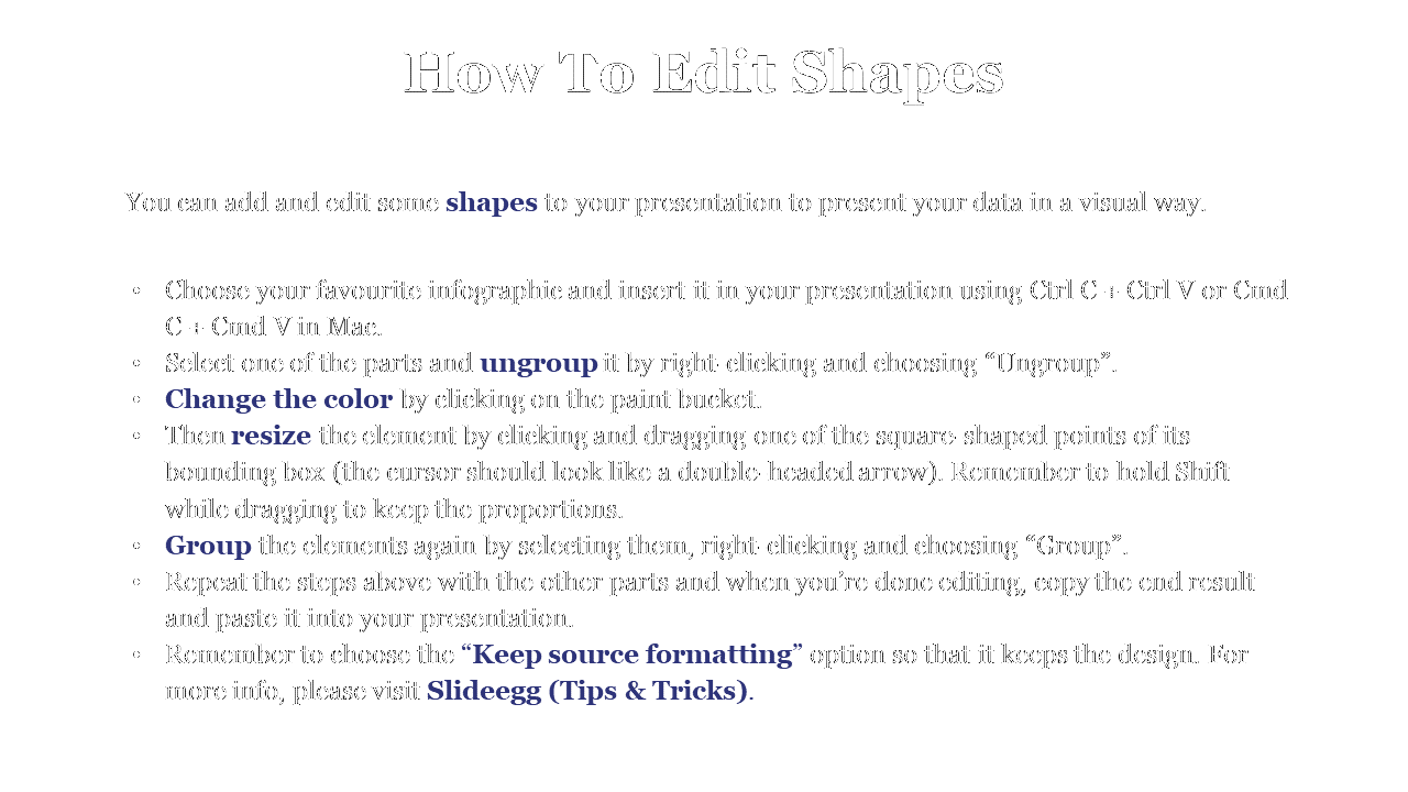 Instructional slide on editing shapes in PowerPoint, explaining how to ungroup, resize, change color, and group elements.
