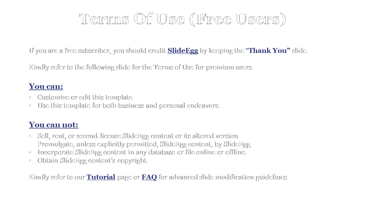 Terms of Use for free users of SlideEgg, outlining customization rights and restrictions on white backdrop.