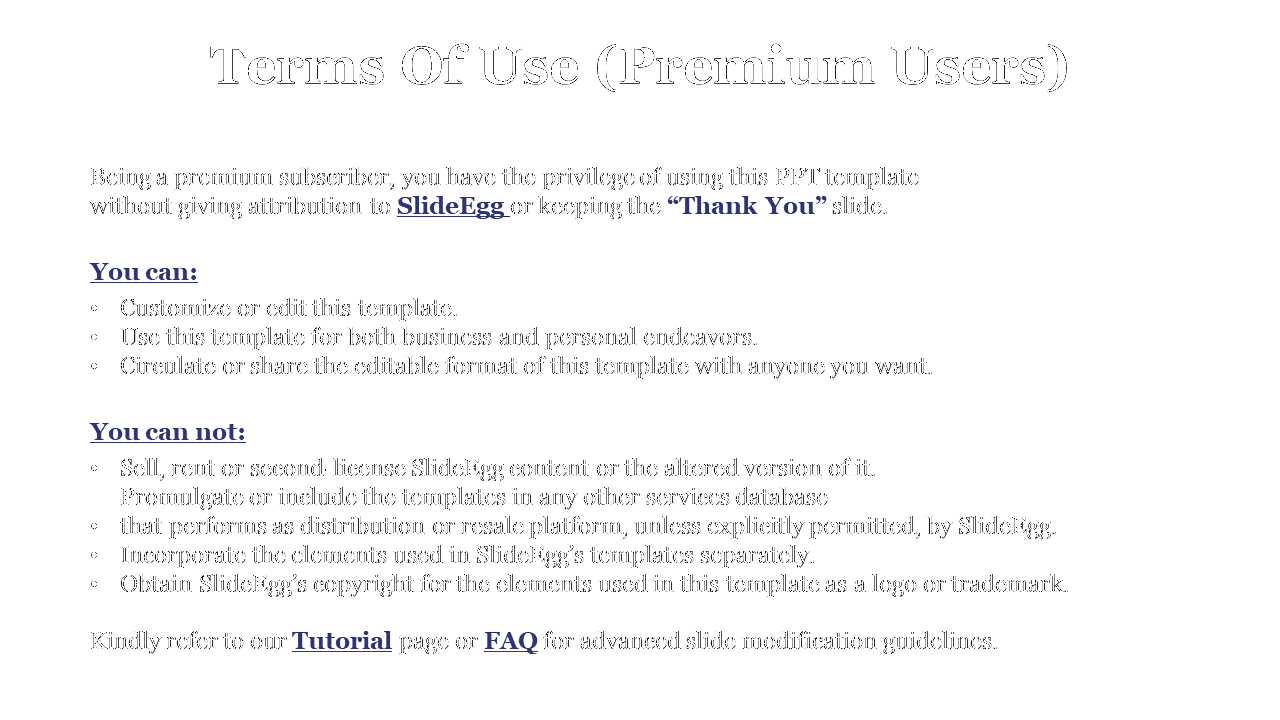 Terms of Use for premium users of SlideEgg, including rights to edit, customize, and circulate templates in a white theme.