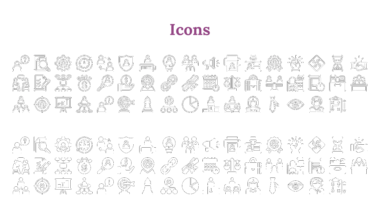 A set of black icons representing various business concepts like analysis, teamwork, marketing and management in white theme.
