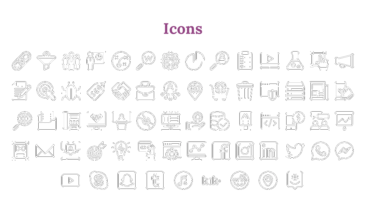 A set of black line icons representing social media platforms, data analysis, and digital tools for business in white theme.