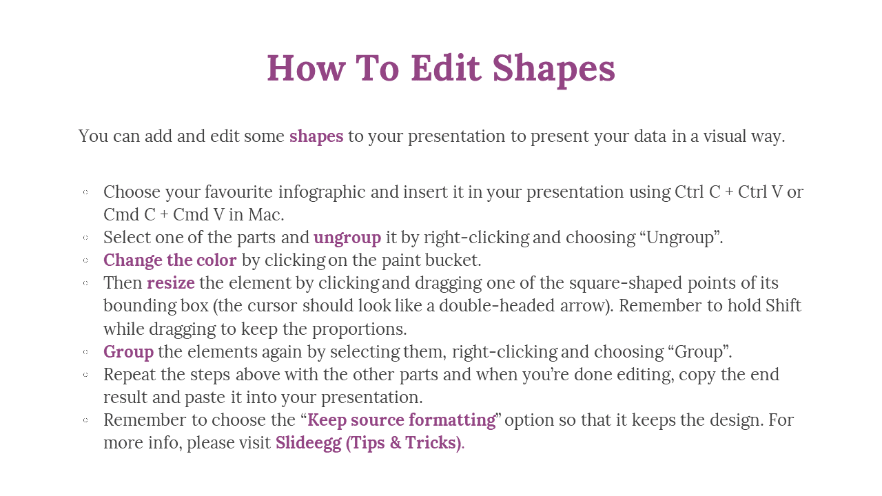 A tutorial slide explaining how to edit shapes in PowerPoint by ungrouping, and grouping elements again.