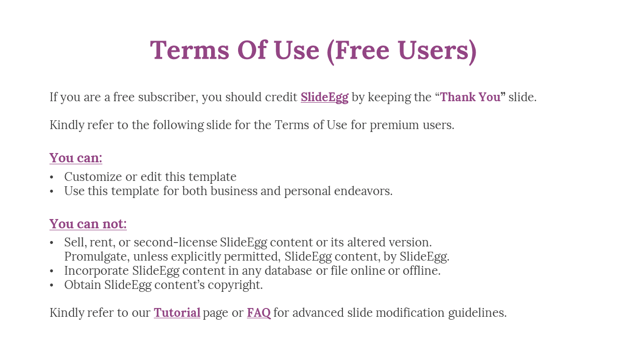 Instructions for free users on how to credit SlideEgg and the limitations of using its templates on a white backdrop.