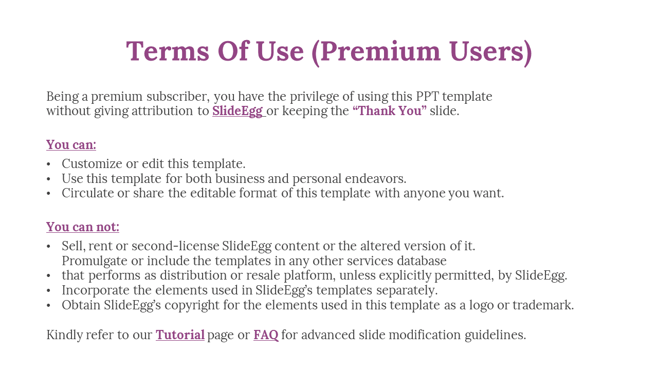 Terms of use for SlideEgg premium users, highlighting the privileges of editing and sharing templates on a white backdrop.