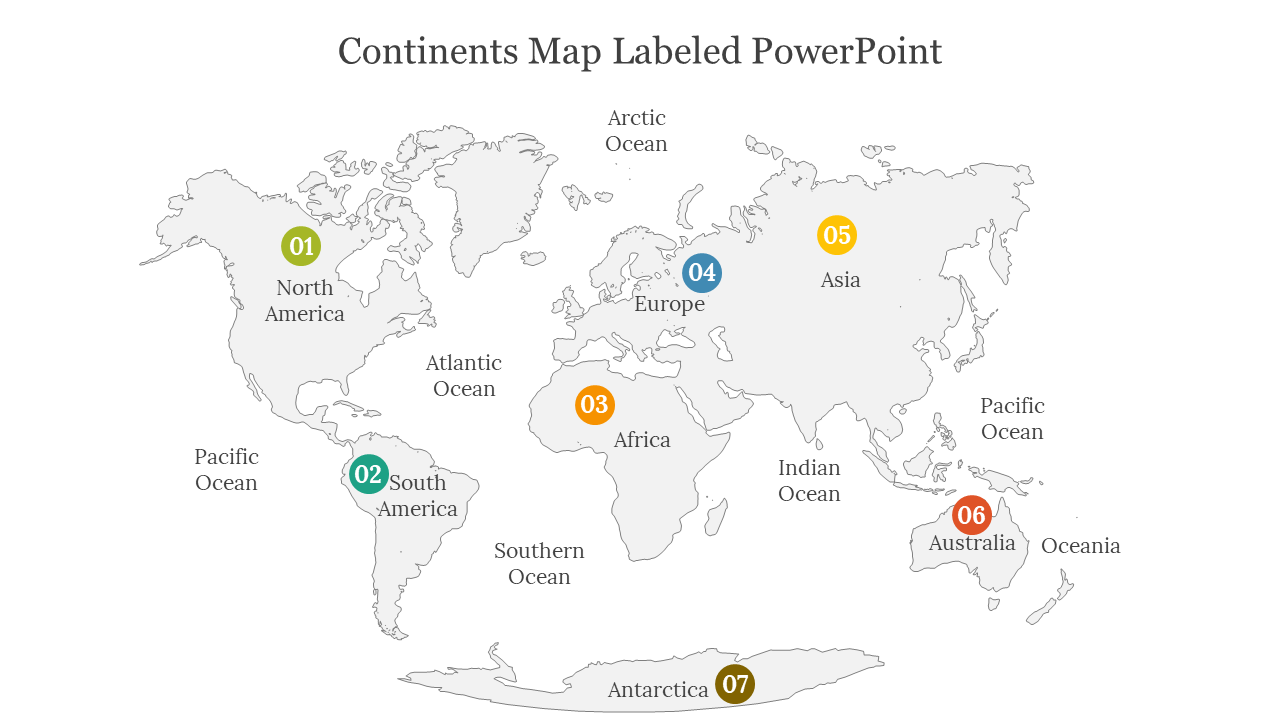 World map with continents like North America, South America, Europe, Asia, and Australia labeled with corresponding numbers.