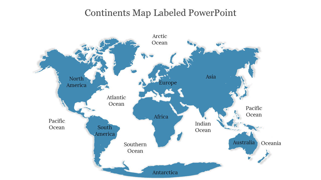 Blue world map slide with labeled continents and surrounding oceans, including Arctic, Atlantic, and Pacific Oceans.