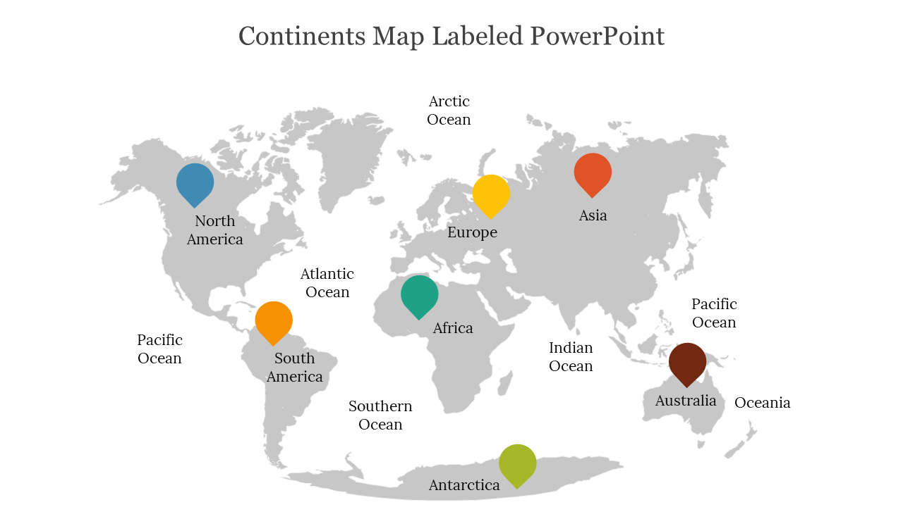 World map slide with labeled continents and oceans, highlighted with colored markers for each region on a white backdrop.